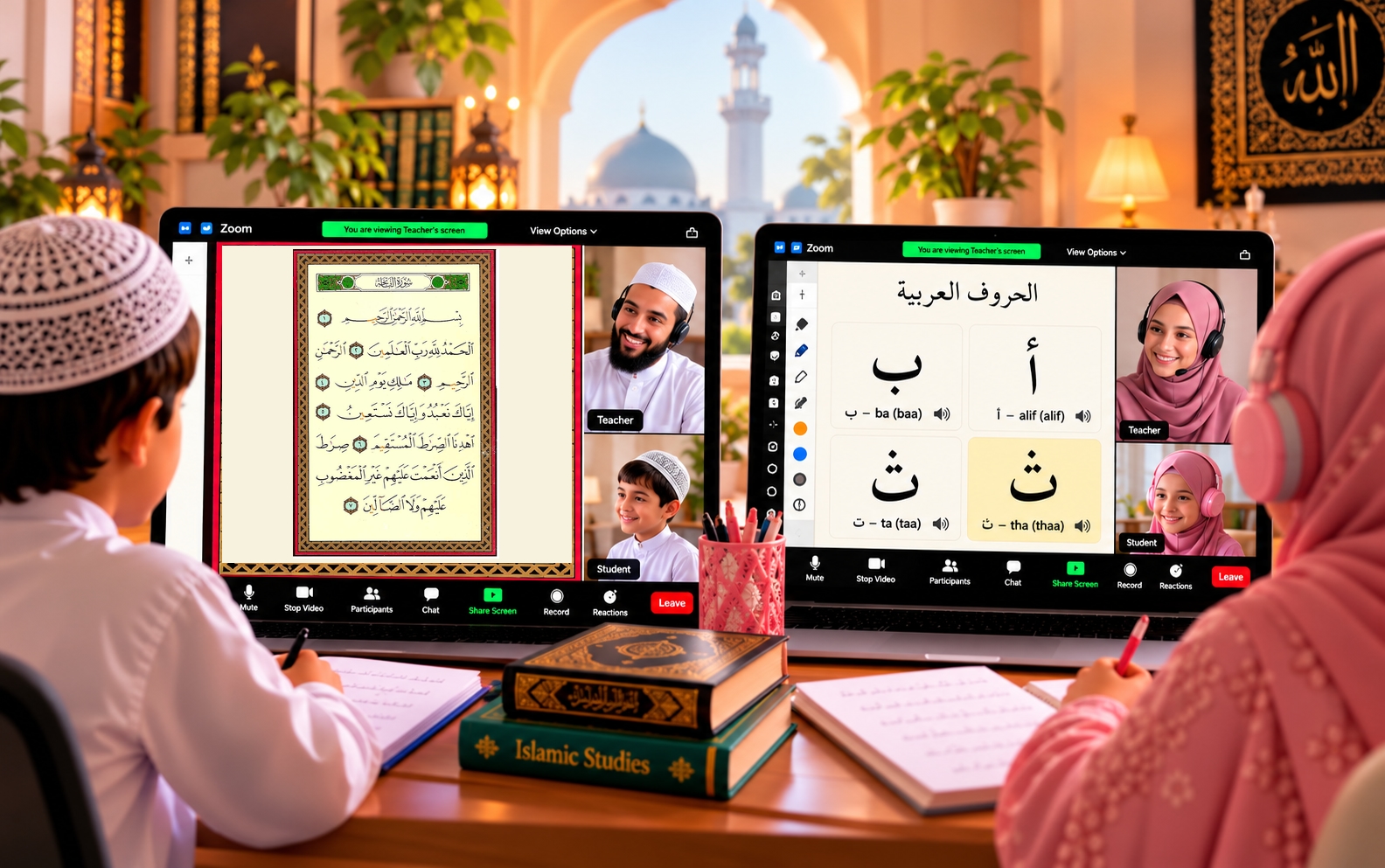 Illustrated one-to-one online Quran classes: a boy with a male teacher and a girl with a female teacher
