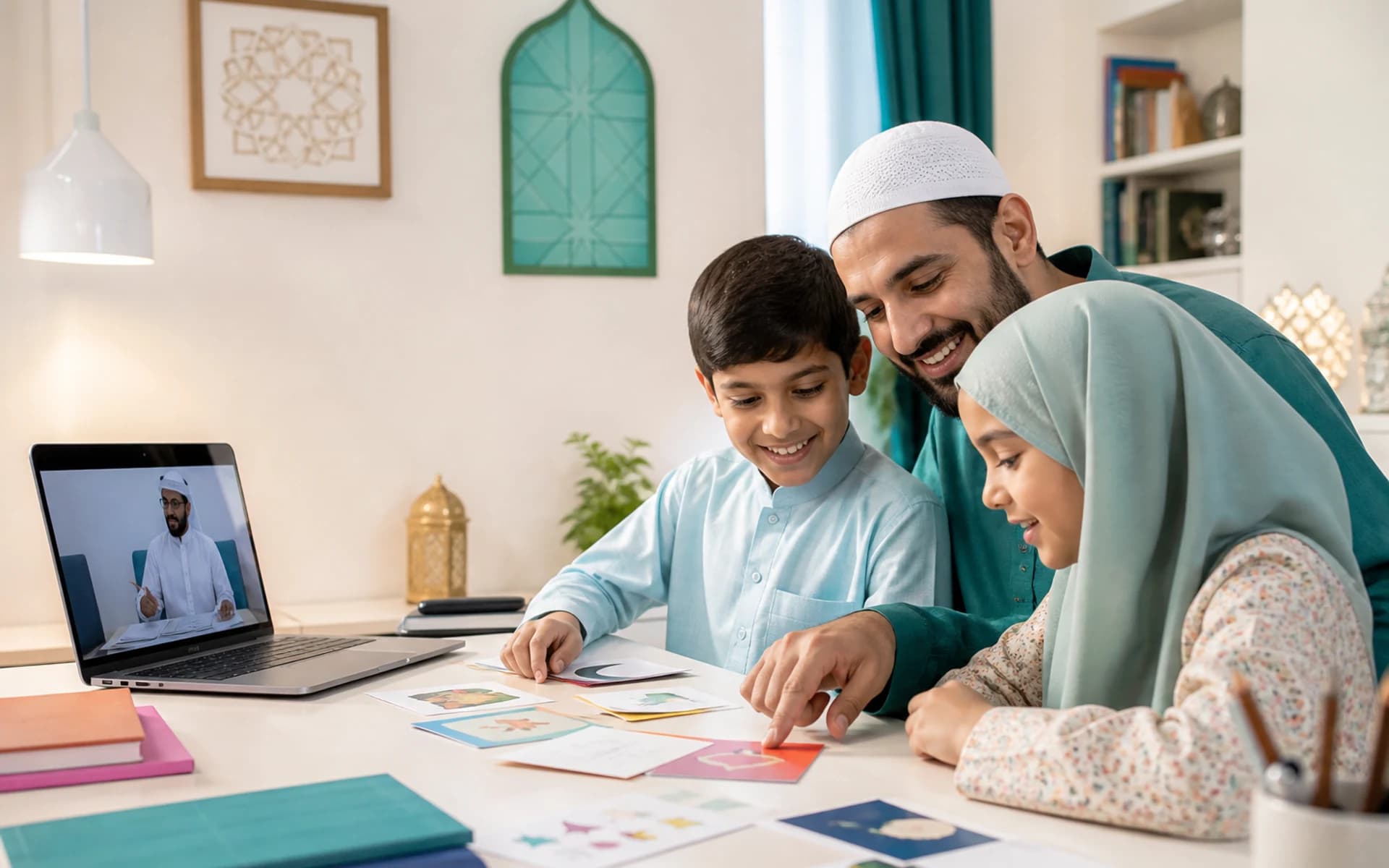 Child in a calm live one-to-one online Quran lesson with a parent nearby