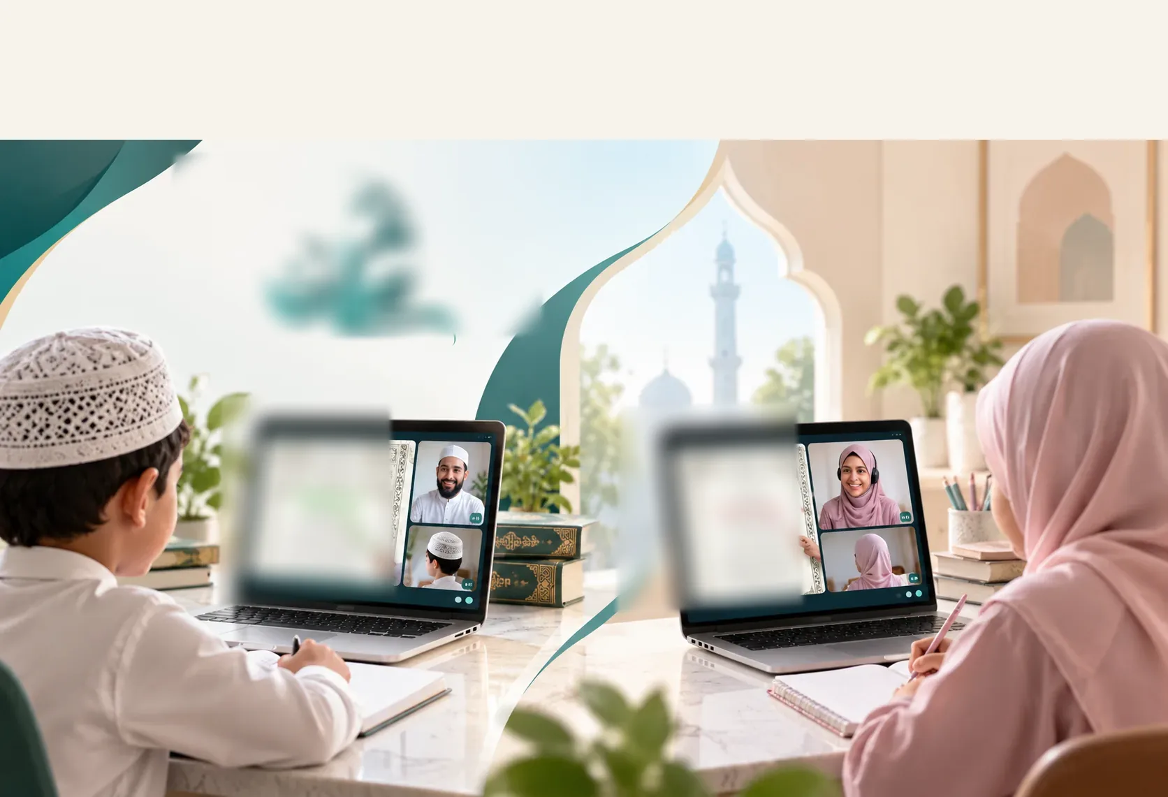 Boy and girl in live one-to-one online Quran classes with a male teacher and a female teacher