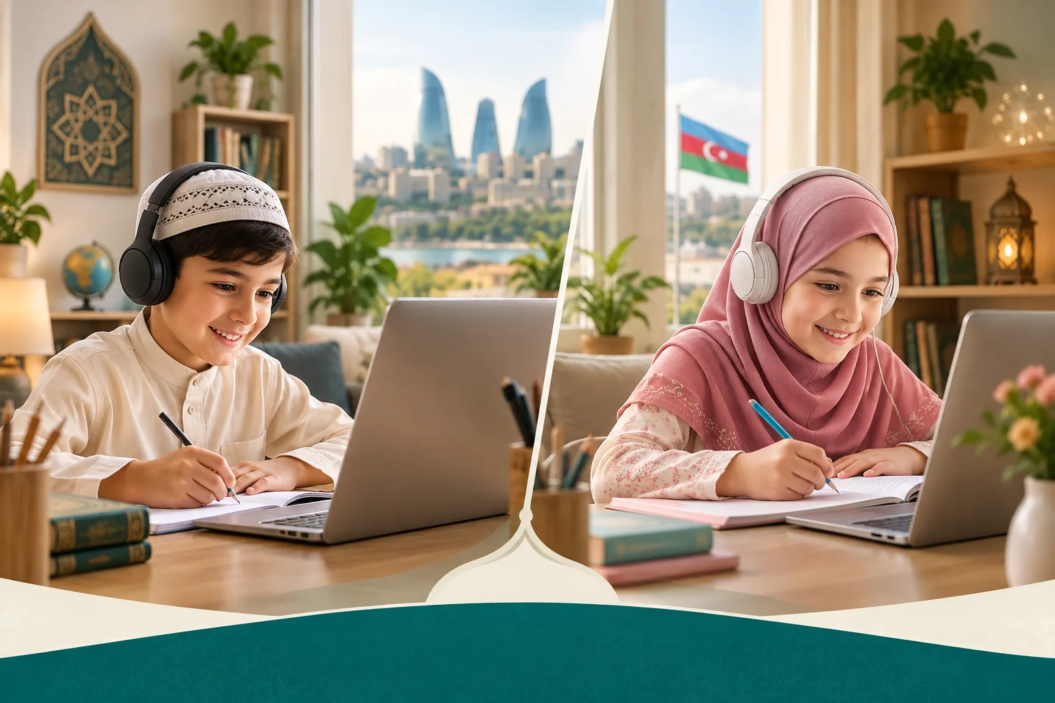 Children taking online Quran lessons from home