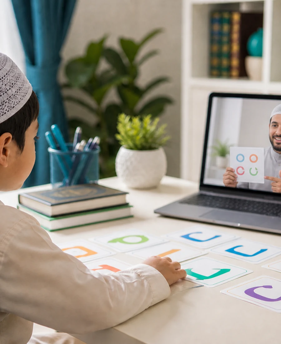 Editorial photograph of a beginner Noorani Qaida online learning session with alphabet materials and guided teacher support.