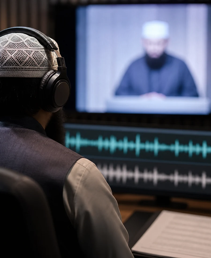 Editorial photograph of specialist advanced Qira'at recitation study with professional audio setup.