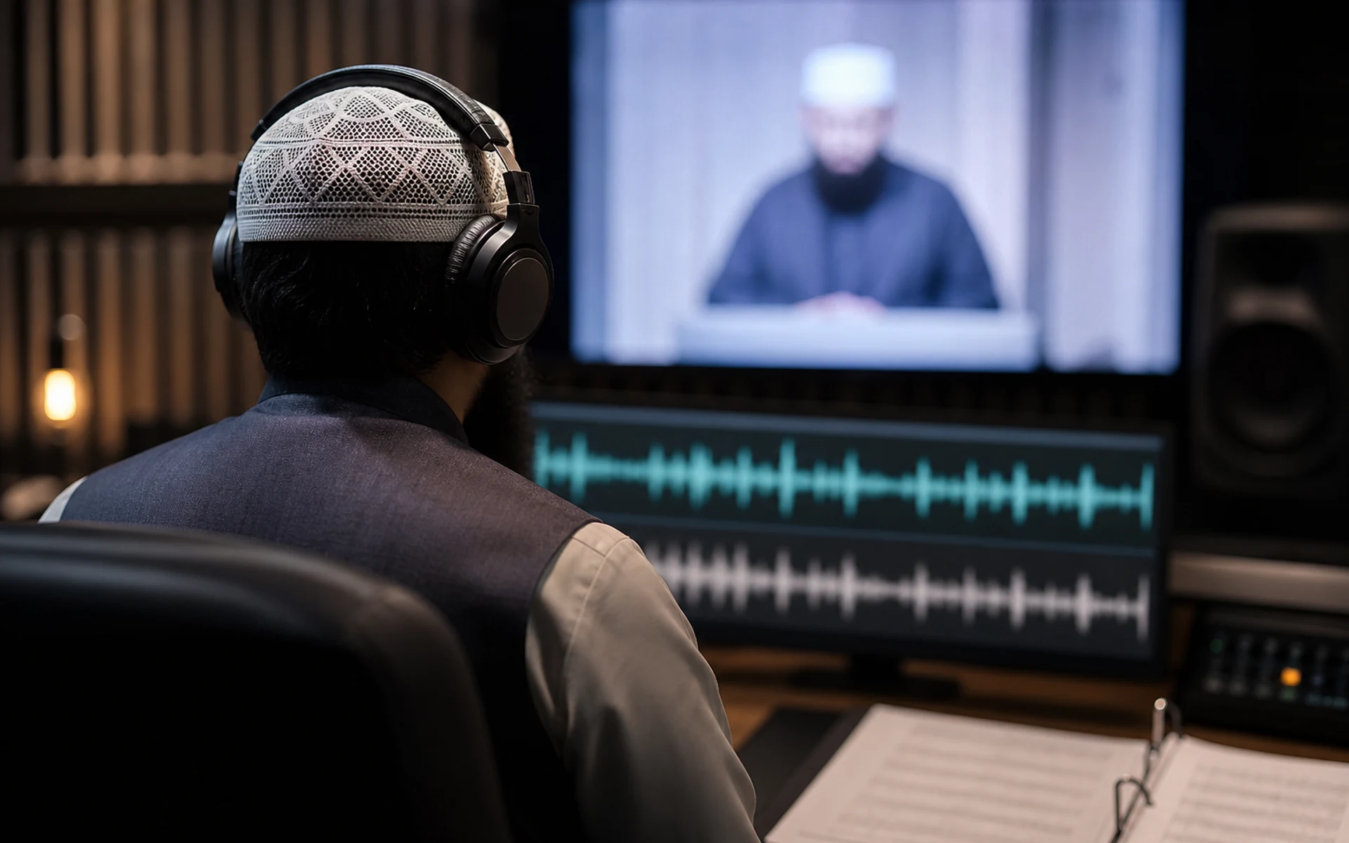 Editorial photograph of specialist advanced Qira'at recitation study with professional audio setup.
