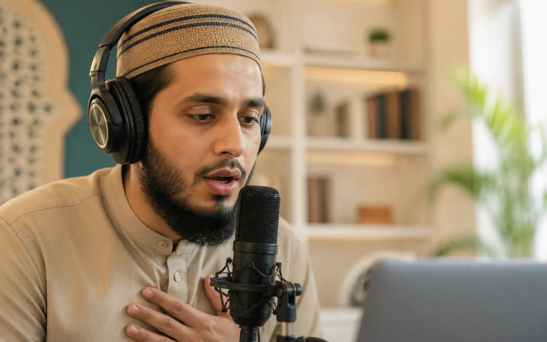 Editorial close-up of active Tajweed recitation with headphones and microphone — guided pronunciation practice.