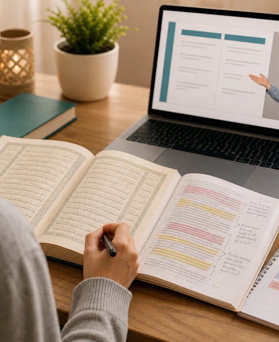 Editorial photograph of Quran translation and meaning comprehension study with guided notes.