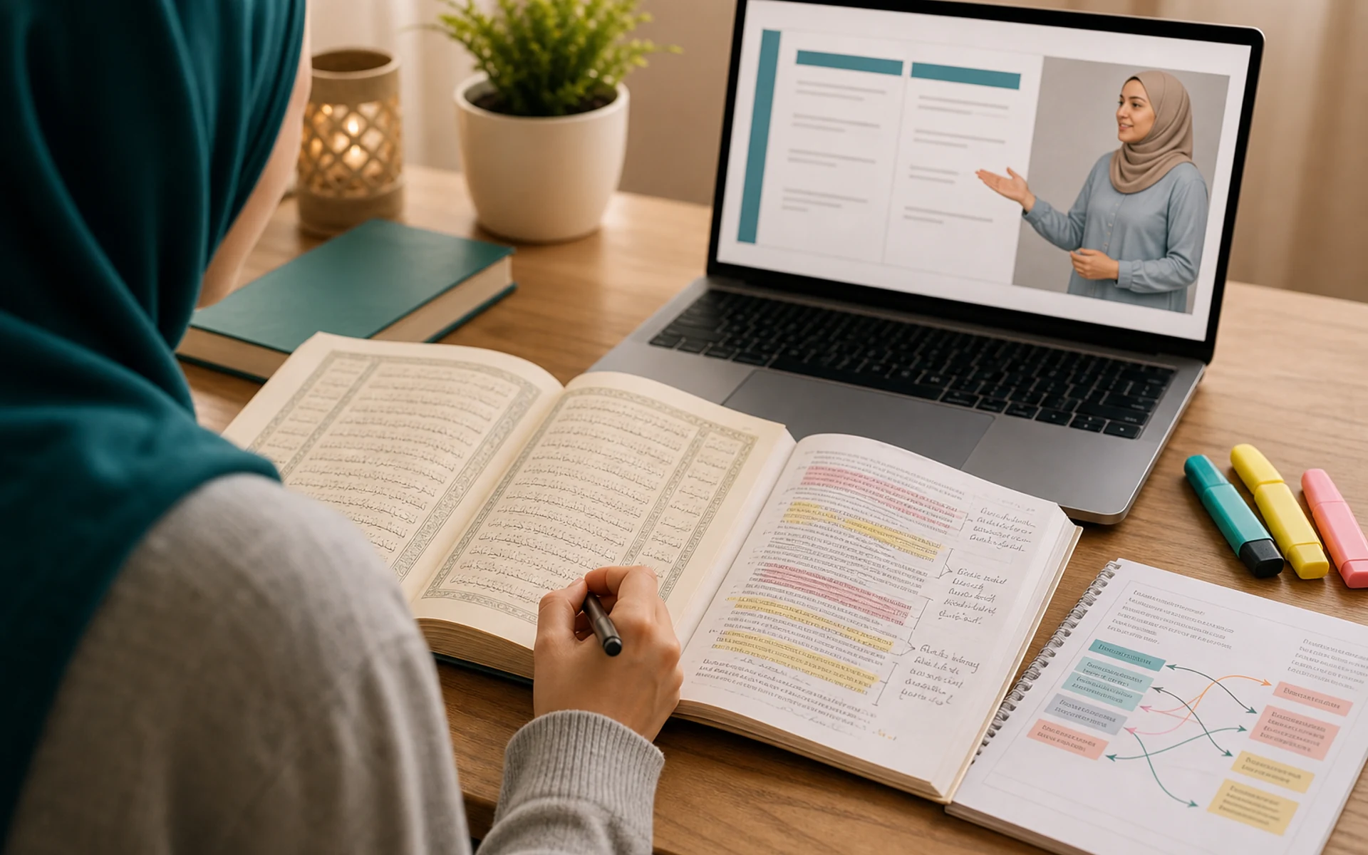Editorial photograph of Quran translation and meaning comprehension study with guided notes.