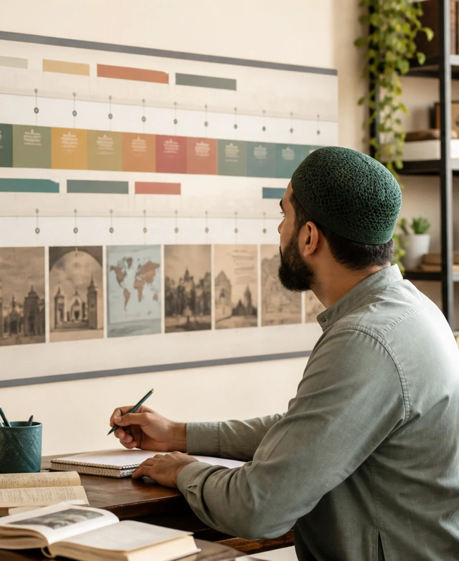 Editorial photograph of Islamic History study with structured era-focused learning materials.
