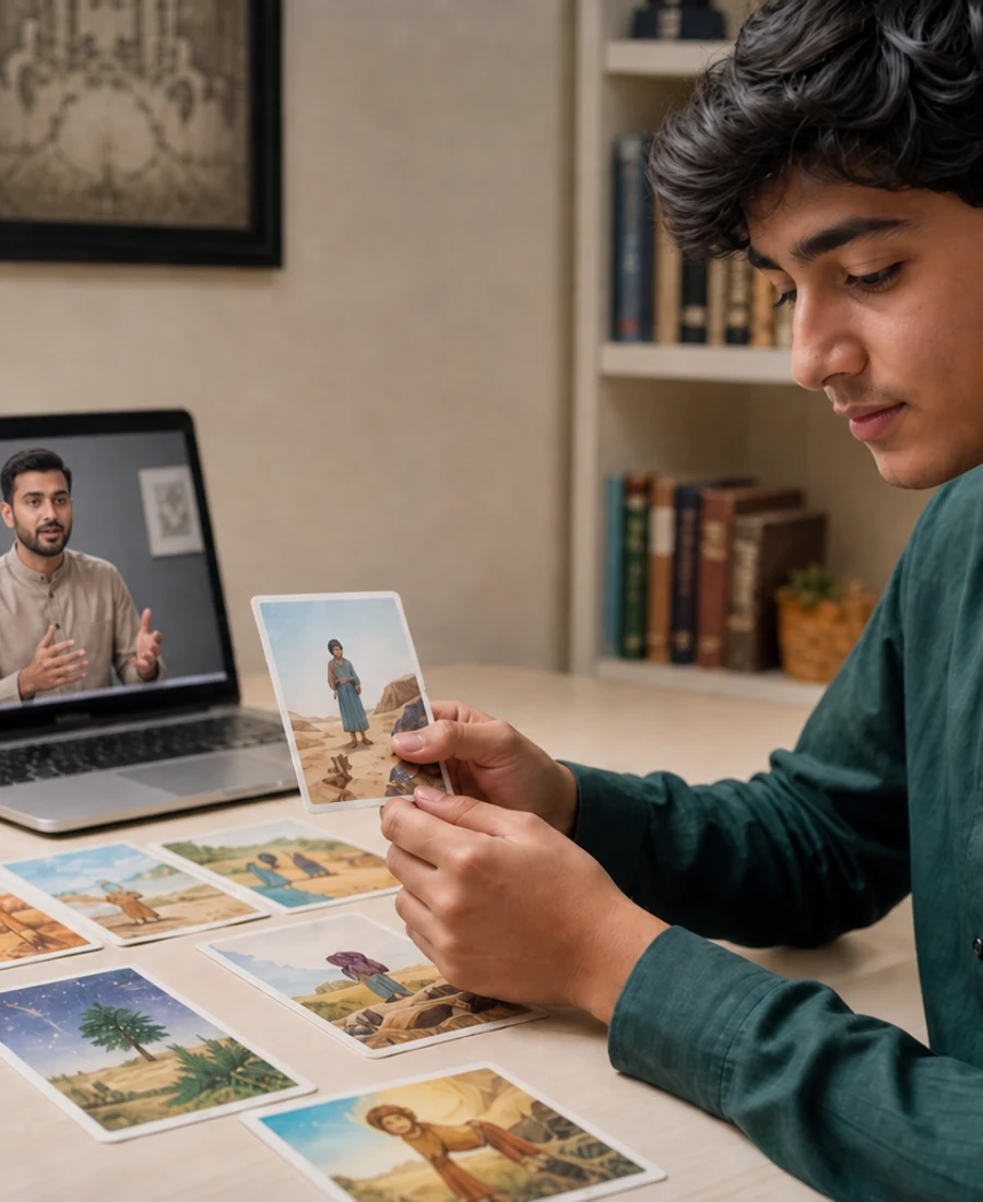 Editorial photograph of Stories of the Prophets learning with illustrated teaching cards.