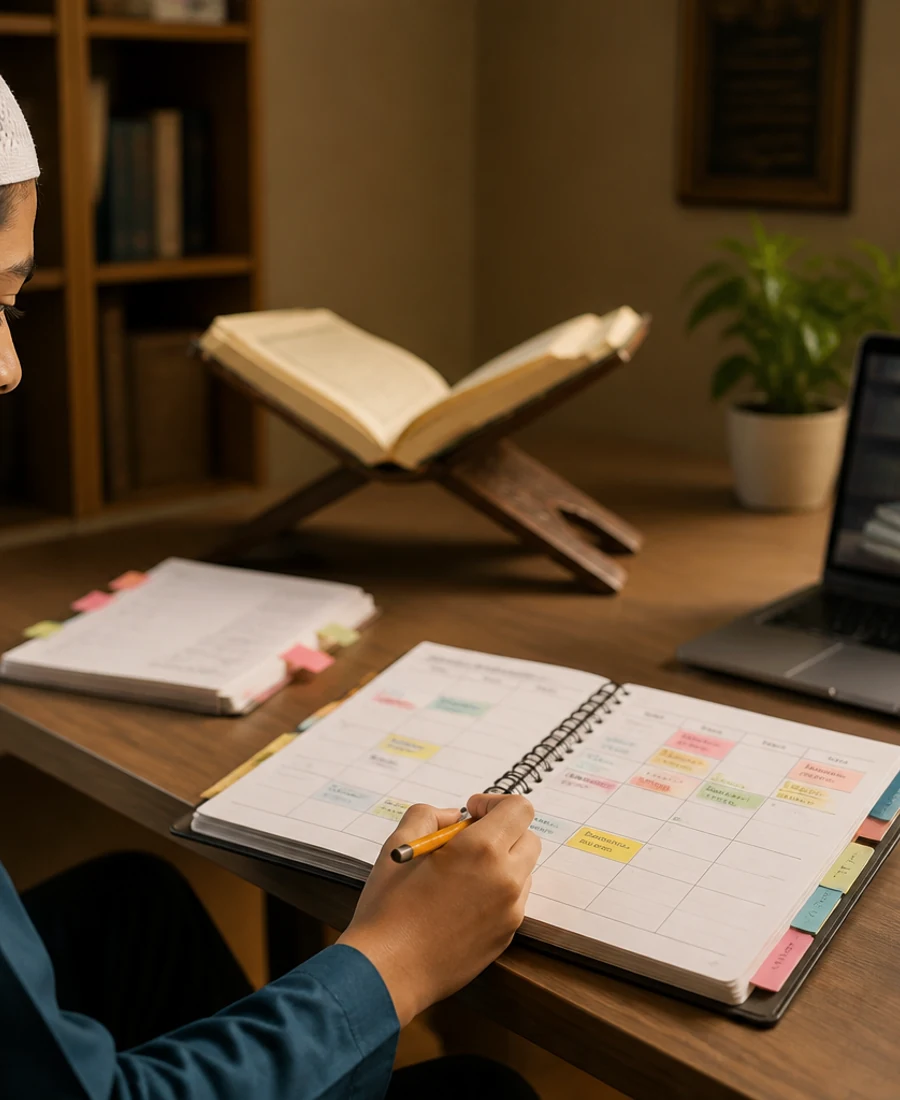 Editorial photograph of Quran Hifz revision routine with memorisation planner and organized study materials.