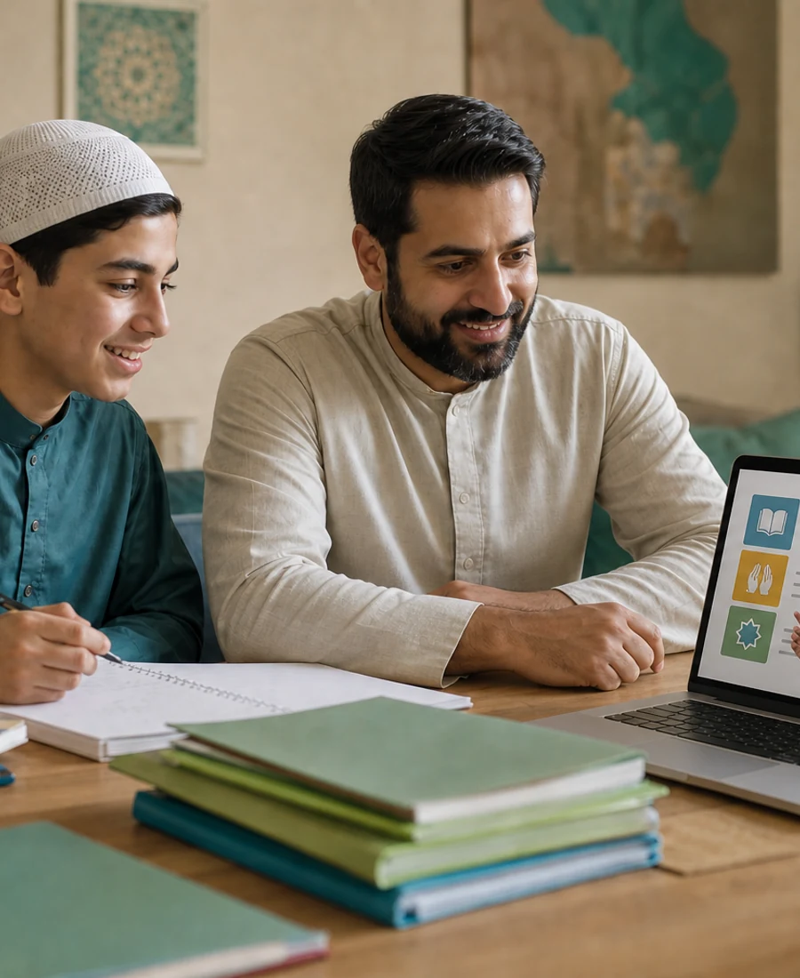 Editorial photograph of structured Islamic studies online with family-friendly guided learning.
