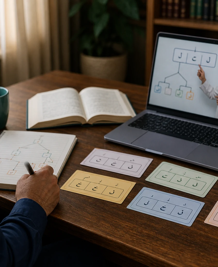 Editorial photograph of advanced Quranic Arabic textual study with grammar and comprehension materials.
