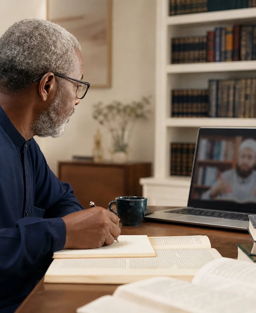 Editorial photograph of mature guided Tafsir study with reference materials and teacher discussion.