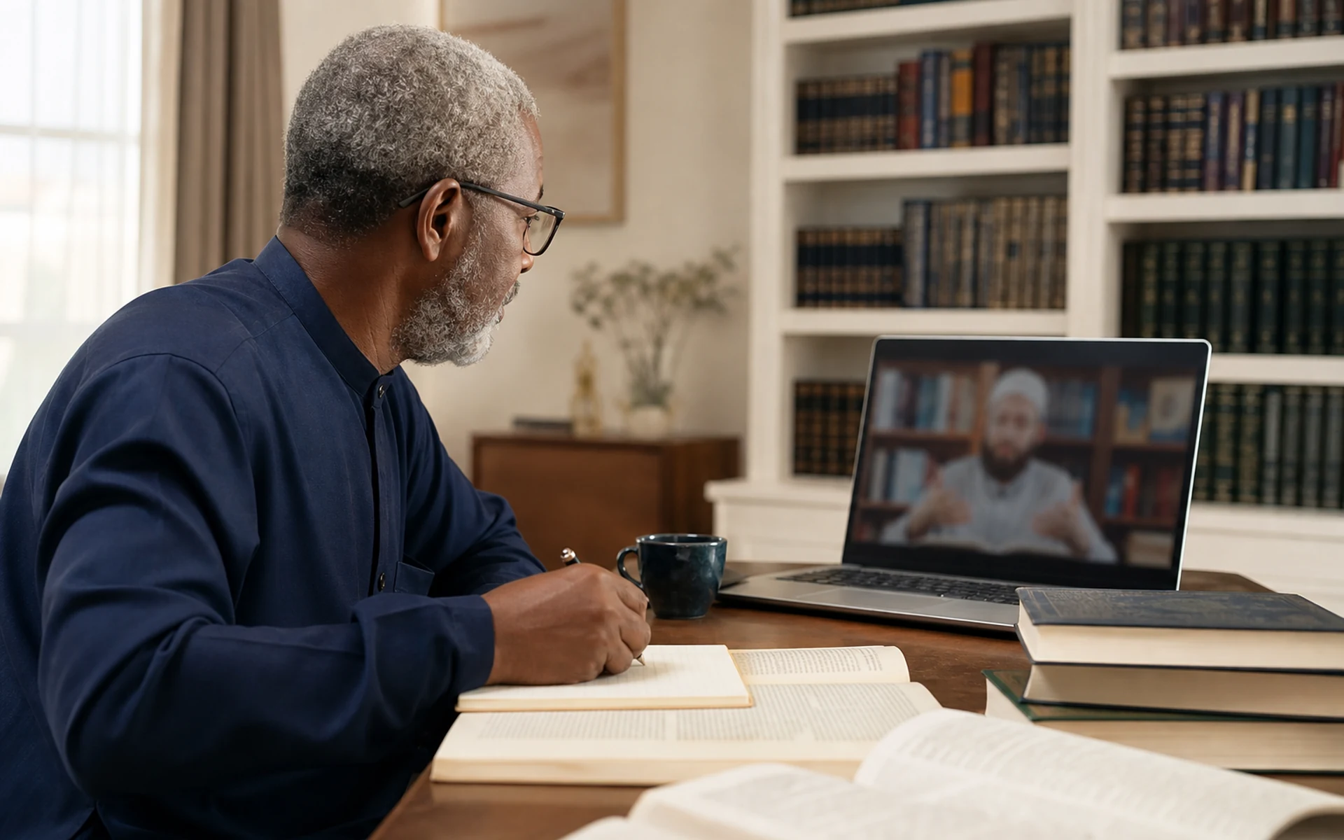 Editorial photograph of mature guided Tafsir study with reference materials and teacher discussion.