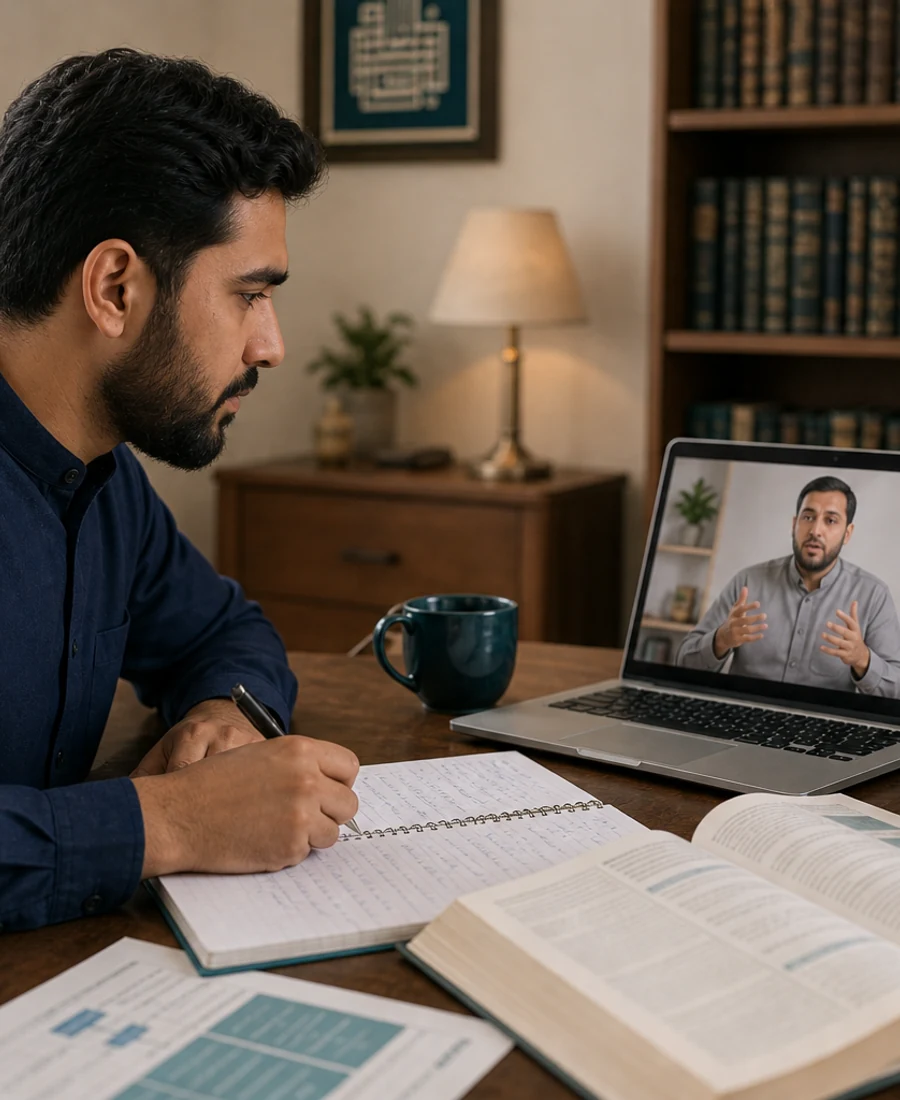 Editorial photograph of Aqeedah and core Islamic beliefs study online.