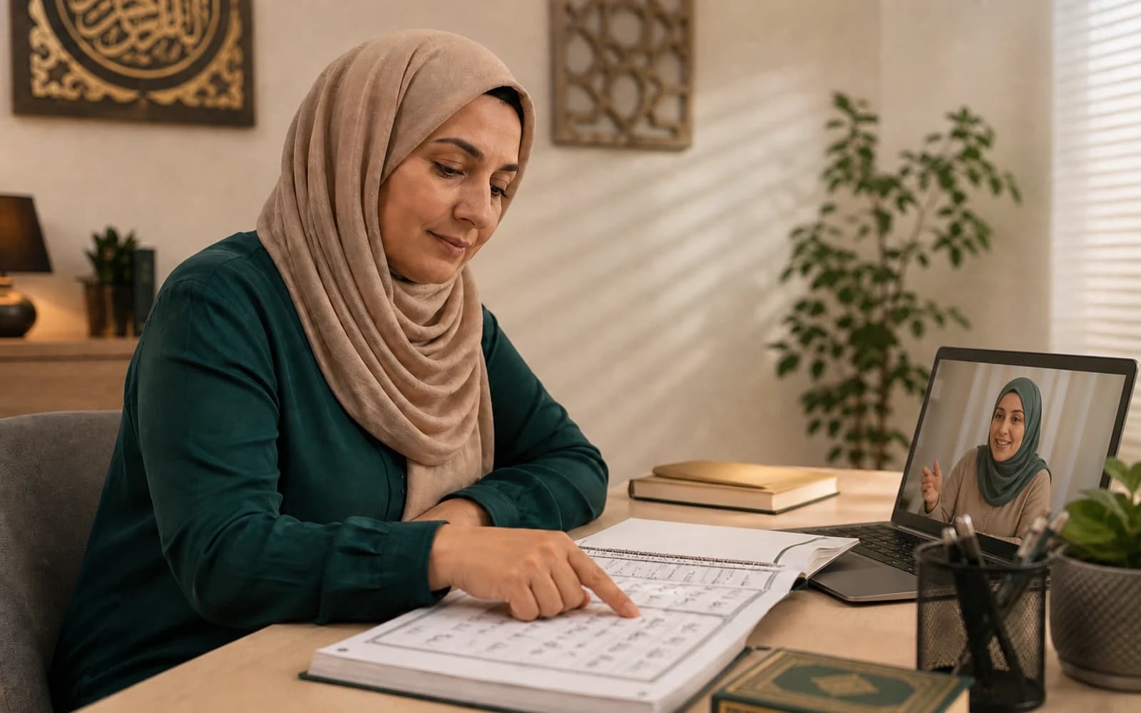 Editorial photograph of adult beginner Quran reading support online.