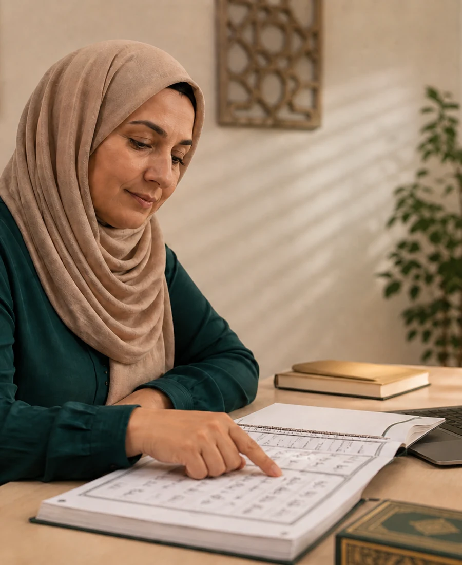Editorial photograph of adult beginner Quran reading support online.