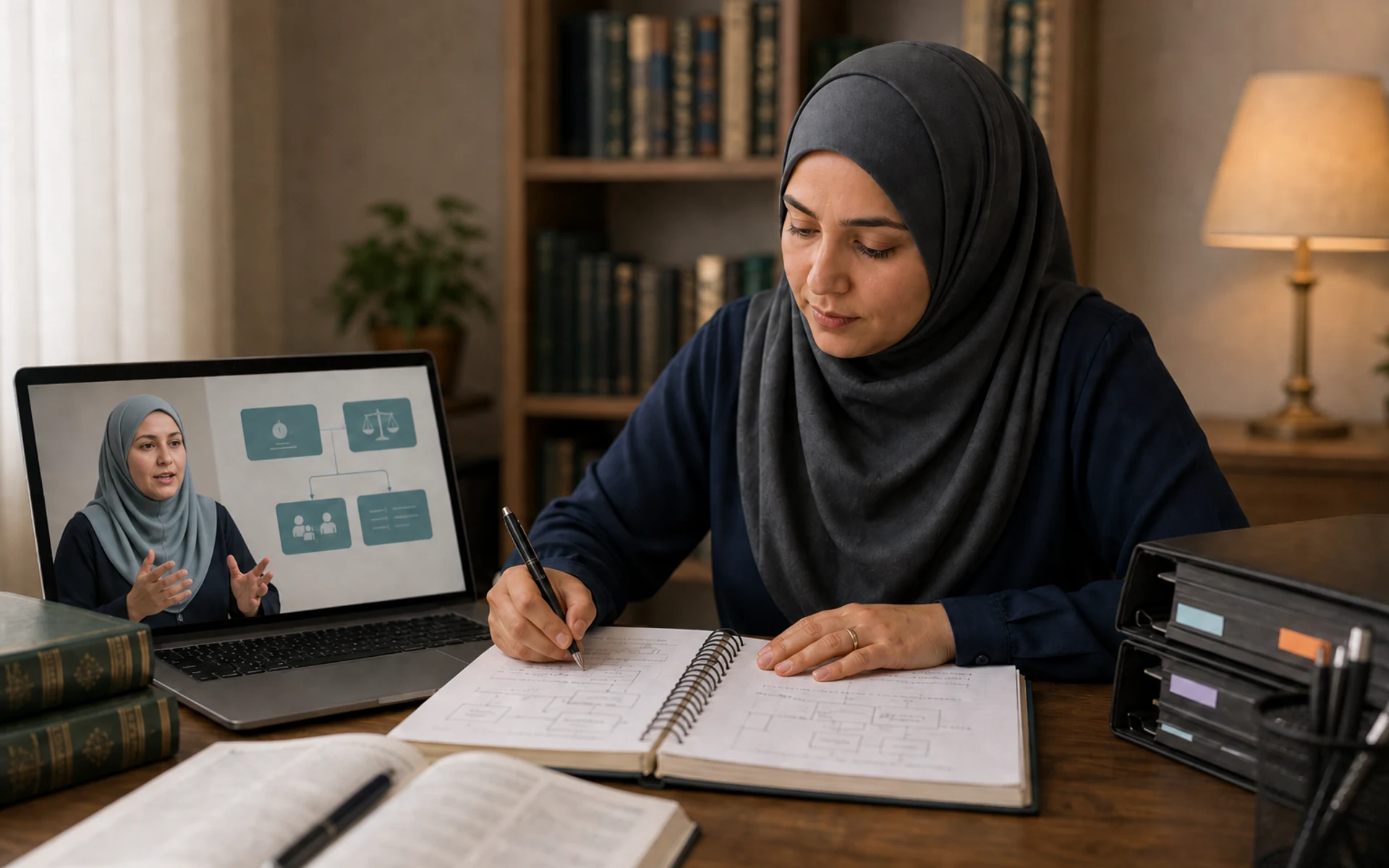 Editorial photograph of structured Islamic Fiqh study online.