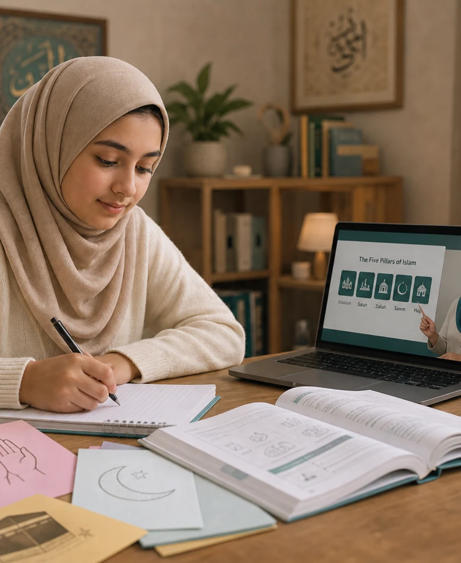 Editorial photograph of structured Five Pillars of Islam learning online.