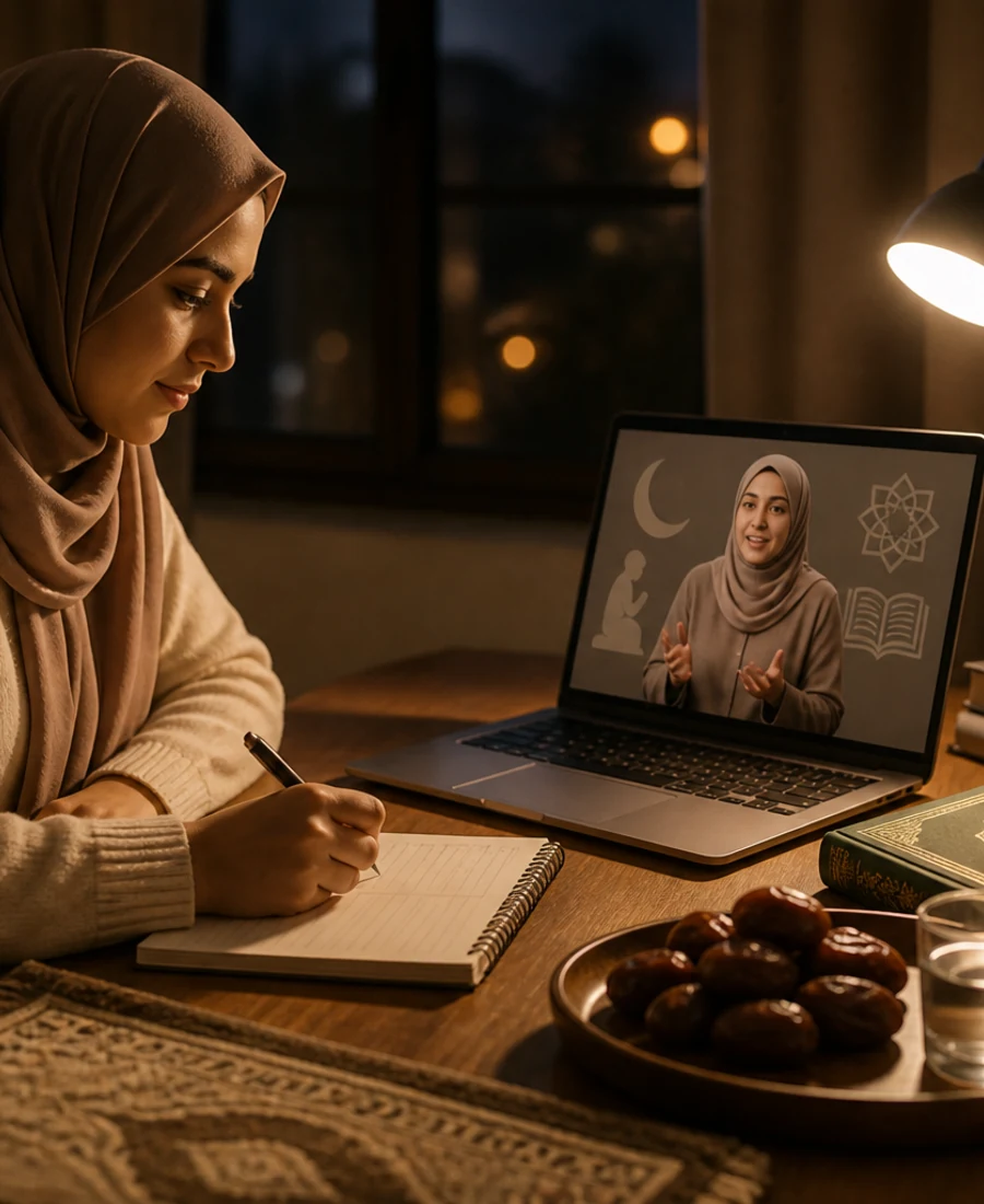 Editorial photograph of restrained Ramadan seasonal worship learning online.