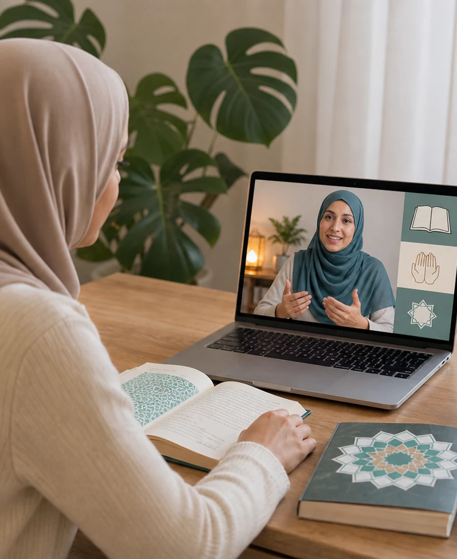 Editorial photograph of welcoming new Muslim learning support online.