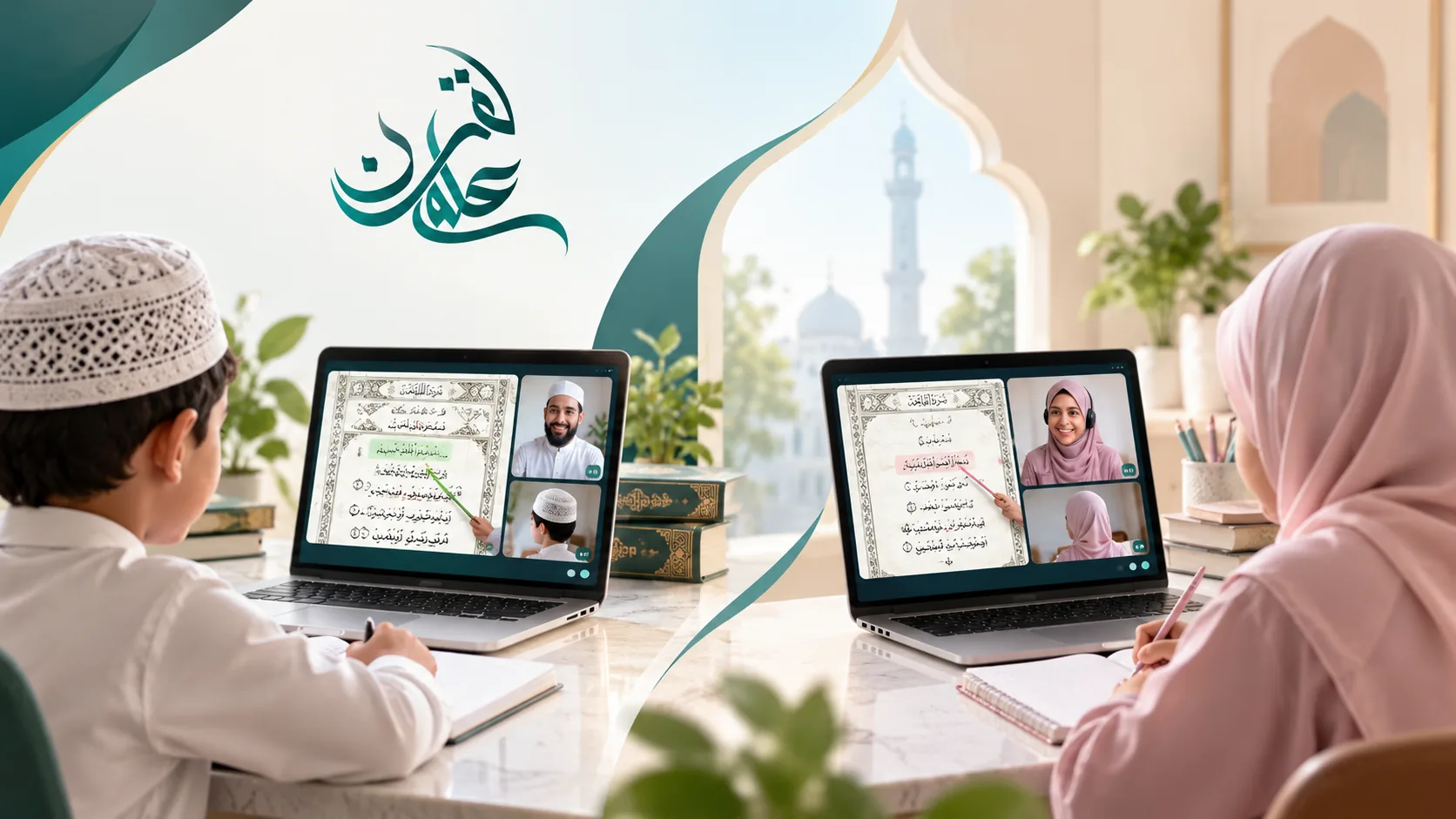 Male and female students joining private online Quran lessons from home